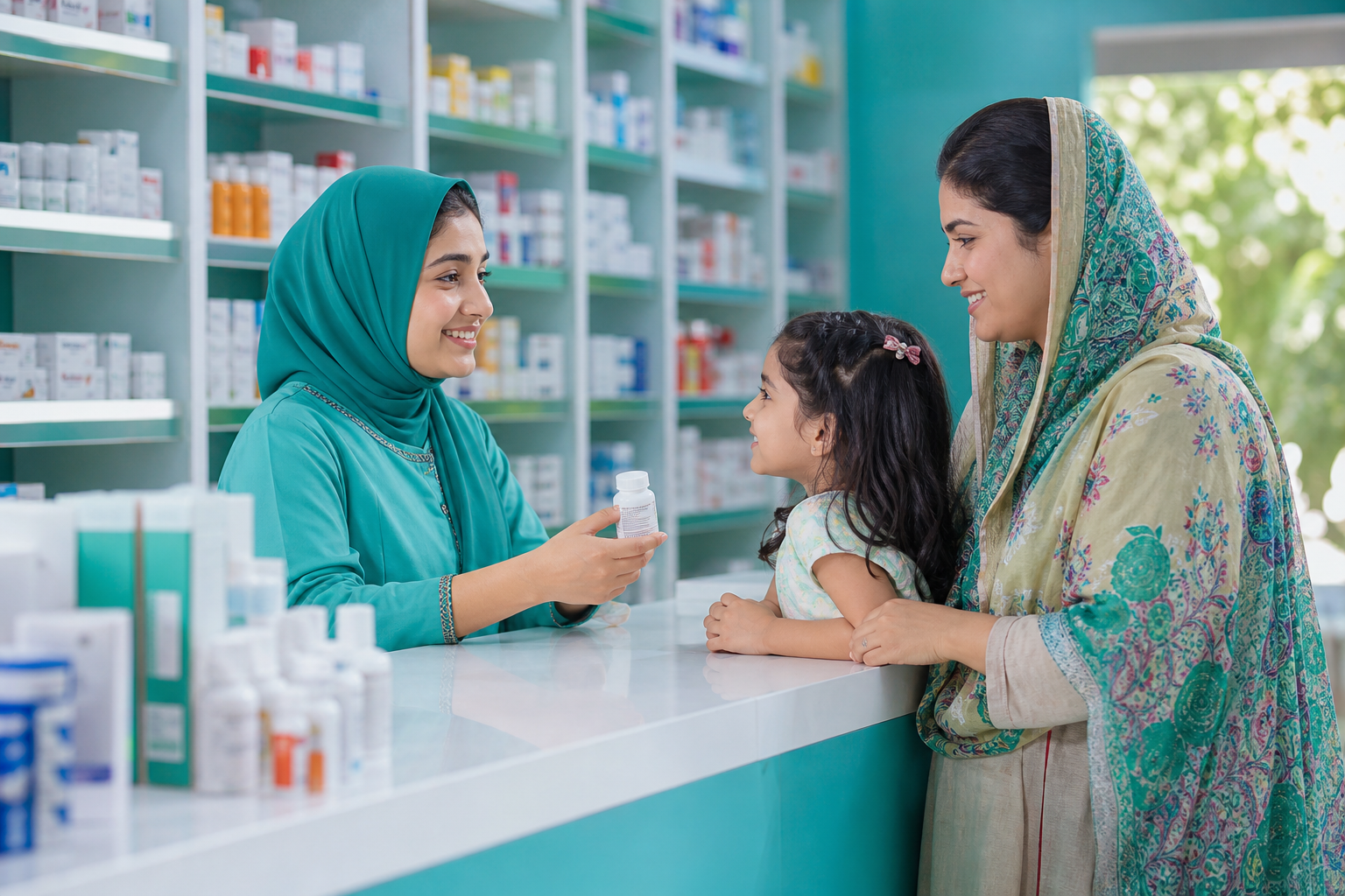 A Cholbe pharmacist helping a mother and daughter in a modern local pharmacy